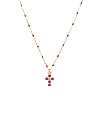 Gargantilla cruzada de esmalte y diamantes cultivados en laboratorio con cadena de semillas de esmalte - ORO 18KT