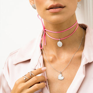 Oversized pave circle pendant with pink choker - STARDUST TEN