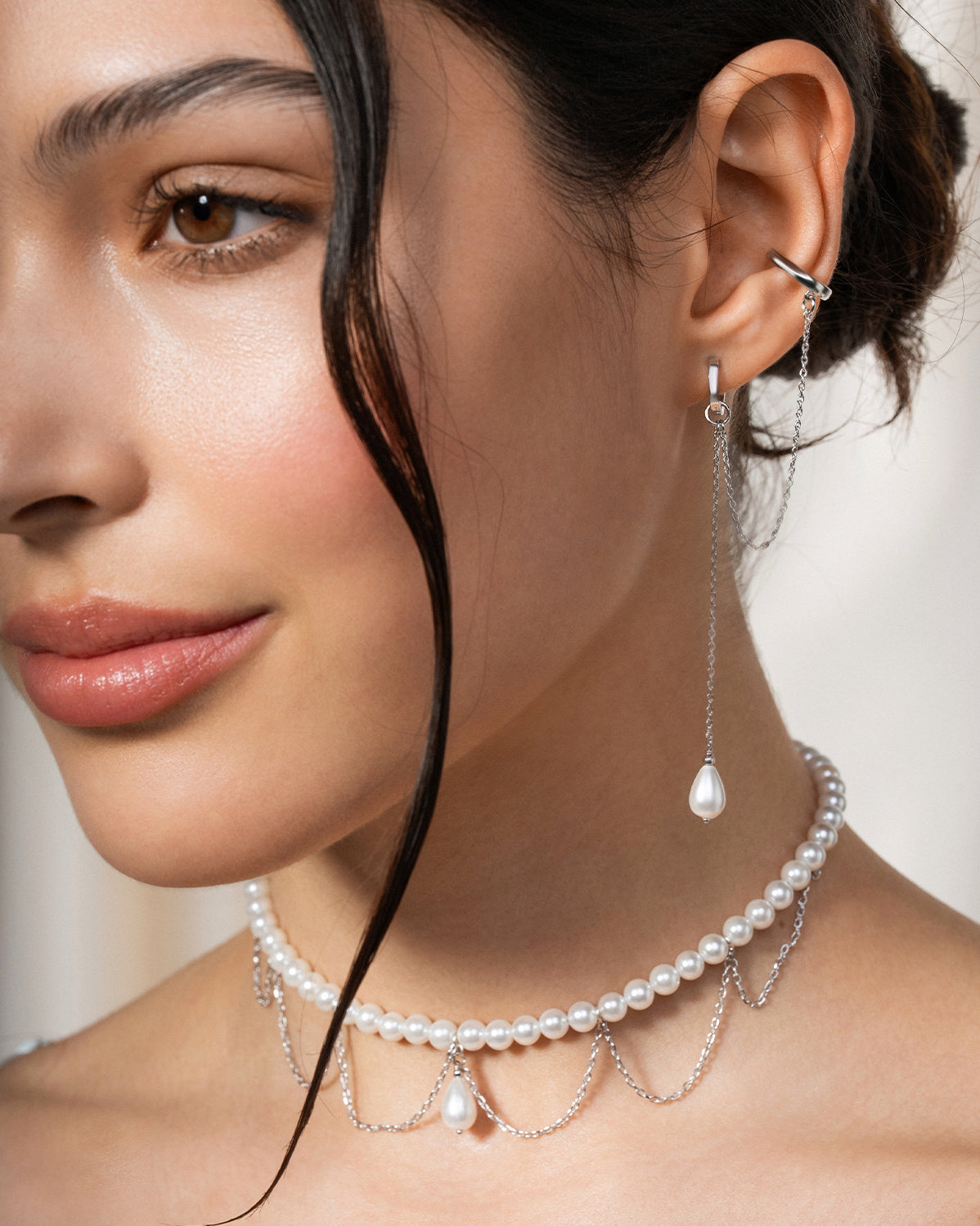 Single Earring With Earcuff Pearl Drop