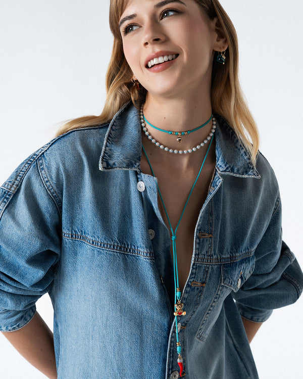 Pearl and milky turquoise zirconia choker