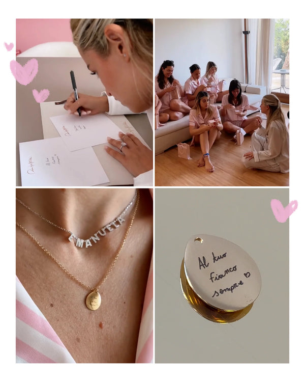 messaggi personali, medagliette personalizzate, gioielli con nome, questi gli oggetti presenti alla festa per l'addio al nubilato di Giovanna Goglino